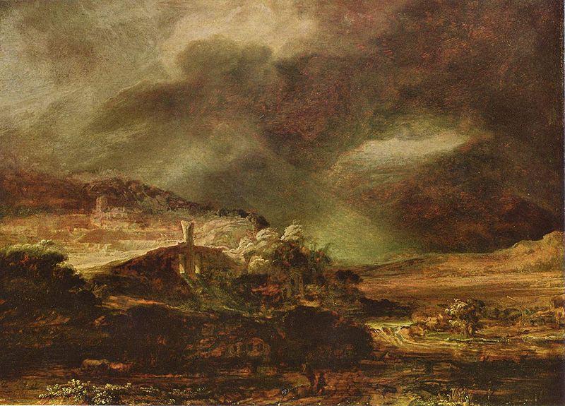 Rembrandt Harmensz Van Rijn Stadt auf einem Hugel bei sturmischem Wetter
